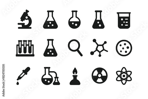 Scientific icons set: microscope, beaker, test tubes, molecule, atom, flasks
