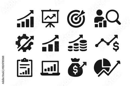 Set of business growth icons: graphs, targets, analysis tools