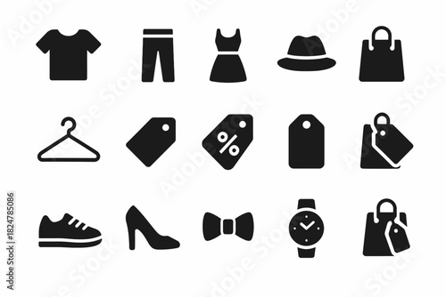 Fashion shopping icons: clothing, accessories, tags, and discounts in simple black silhouettes