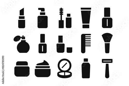 Silhouette icons of cosmetic products: lipstick, perfume, and beauty tools