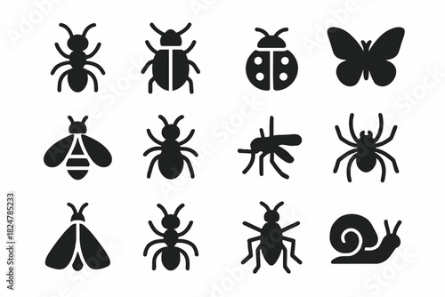 Silhouette icons of insects and bugs: ant, beetle, butterfly, bee, mosquito, snail