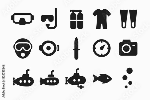 Set of scuba diving icons featuring gear and marine elements