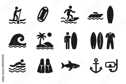 Surfing and watersport icons collection: surfboards, snorkeling, wave, shark