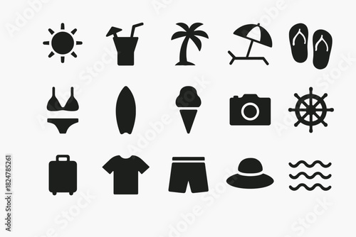 Summer beach icons: sun, drink, palm, umbrella, ice cream, camera, flip flops