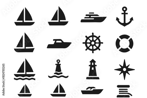 Nautical icons set: boats, anchors, lighthouse, and compass symbols