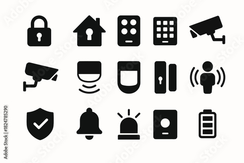 Security icon set: locks, cameras, alarm, and monitoring symbols for safety