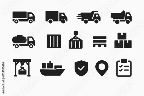 Icons of trucks, shipping containers, cargo ships, and logistics tools