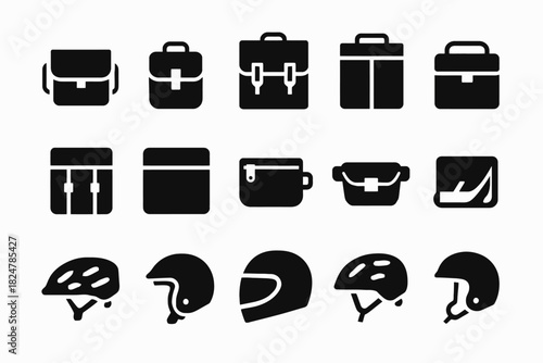 Assorted bag and helmet icons set