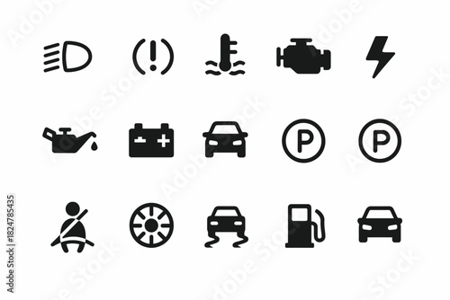 Car dashboard icons set: warning, safety, and function indicators