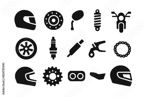 Set of motorcycle parts and accessories icons in black silhouette style