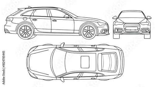 Modern Car Outline Vector Set, Line Art Illustration