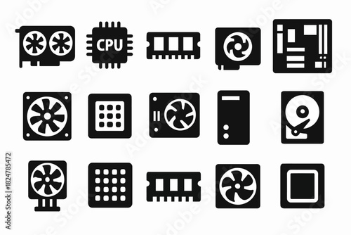 Computer hardware icons: gpu, cpu, ram, fans, hard drive, motherboard