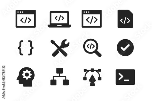 Web development and coding icons set with tools and programming symbols