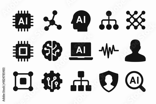 Ai icons set: artificial intelligence, machine learning, tech, neural networks, innovation
