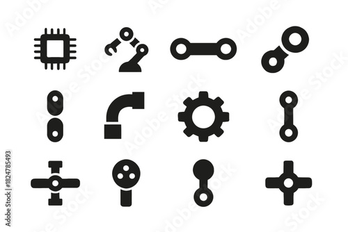 Set of industrial icon symbols: gears, robotic arms, circuits, connectors