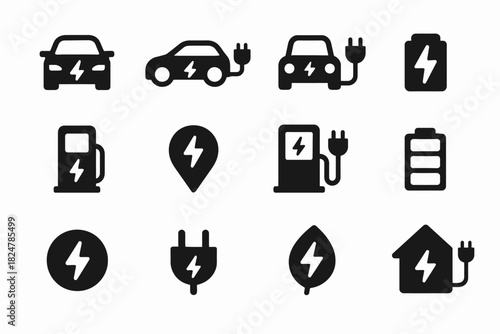 Electric vehicle and charging station icons set: cars, batteries, and plugs
