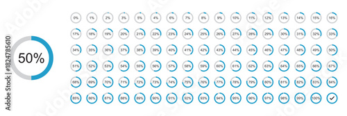 Loading indicator. Progress bar. Percentage meter. User interface. Loading symbol. Download process. Circle icons set. Vector illustration.