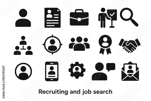 Recruiting and job search icons: profile, application, interview, business, network