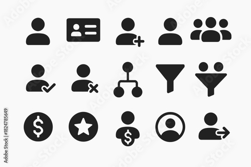 User interface icons: people, money, graphs, filters, and network symbols
