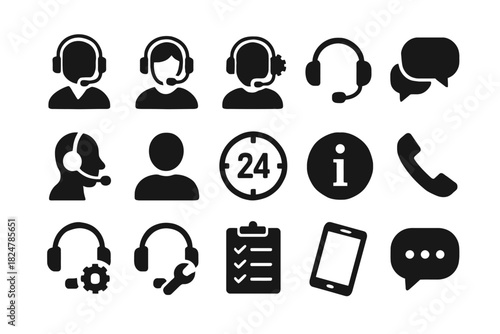 Customer support icons: headsets, chat bubbles, 24-hour service, information