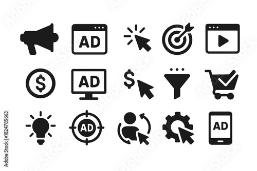Digital marketing icons collection: ads, targeting, and e-commerce elements