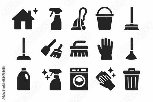Cleaning tools icons: vacuum, spray, mop, bucket, gloves, broom, trash bin