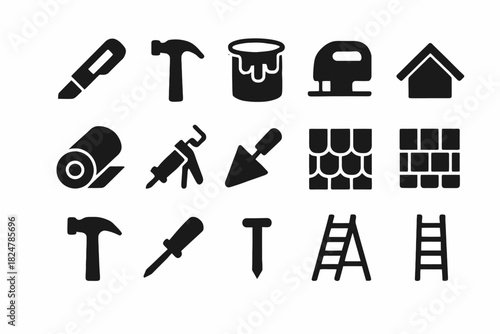 Construction tools and equipment icons set in black and white