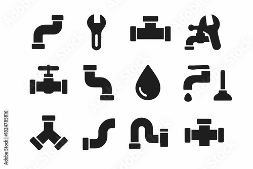 Plumbing tools and pipe icons set featuring wrench, faucet, and drop symbols