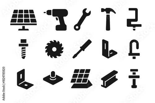 Silhouette icons of tools and hardware equipment: solar panel, drill, wrench, hammer, bracket