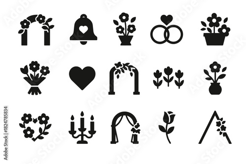 Wedding icons: arches, rings, flowers, heart symbols, bell, candlestick