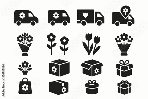 Flower delivery icons: trucks, bouquets, boxes, and gift symbols