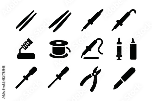 Collection of black soldering tools and equipment icons on white background