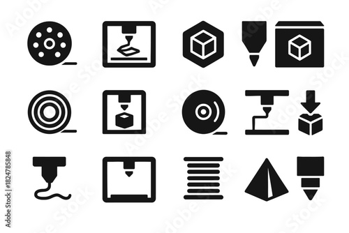 3d printing icons set featuring printer tools and filament symbols
