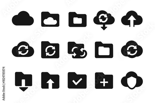Cloud and folder icon set with sync and upload symbols