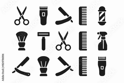 Barber tools icons set: scissors, razors, combs, clippers, spray bottles