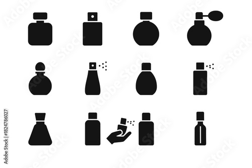 Collection of various perfume bottle icons in silhouette