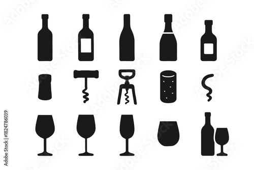 Silhouette icons of wine bottles and glasses with corkscrews