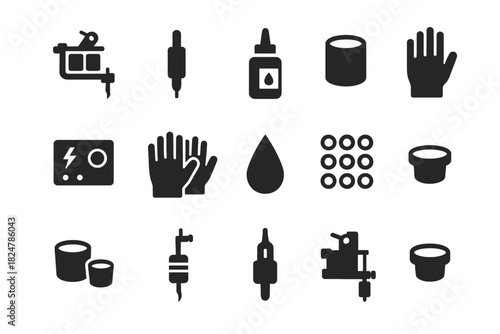 Tattoo equipment icons set depicting machines, inks, needles, and safety gear in black