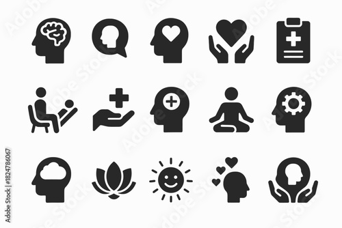 Mental health icons set: brain, heart, mindfulness, therapy, support