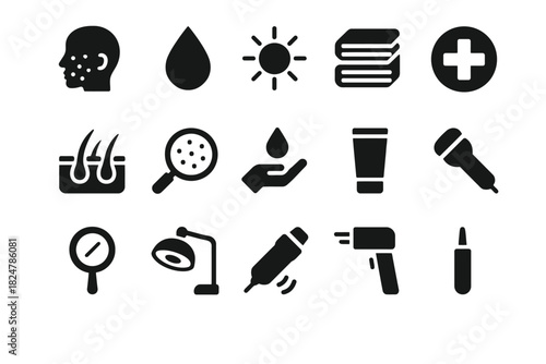 Skincare icons: face, moisture, sun protection, stack, medical cross, hair, magnifier, lotion, mirror, lamp, treatment tools