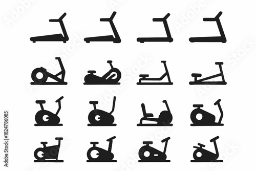 Silhouette icons of treadmills and exercise bikes in various angles and styles