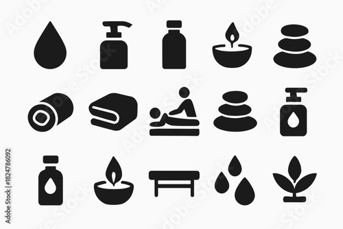 Black spa icons collection: massage, aromatherapy, wellness symbols