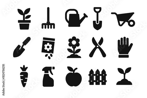 Gardening tools and icons set featuring plants, tools, and symbols