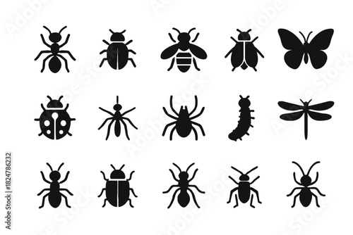 Silhouette collection of insects: ant, beetle, butterfly, ladybug, spider, caterpillar, dragonfly