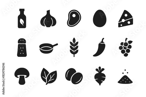 Collection of food icons including ingredients and cooking items