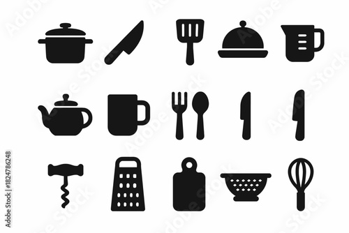 Silhouette icons of kitchen utensils: knife, pot, grater, whisk, and more essential tools