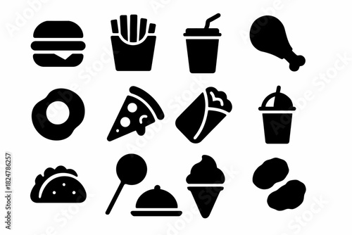 Set of fast food icons featuring burger, fries, pizza, and drinks in black silhouette