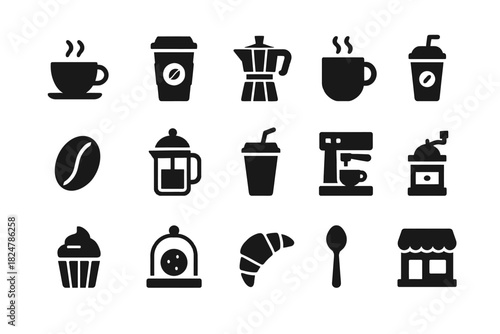 Coffee cups and brewing icons set with cupcake and croissant