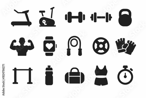 Black fitness equipment icons: treadmill, dumbbell, kettlebell, watch, more