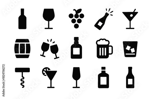 Collection of alcoholic beverage icons including wine and cocktails